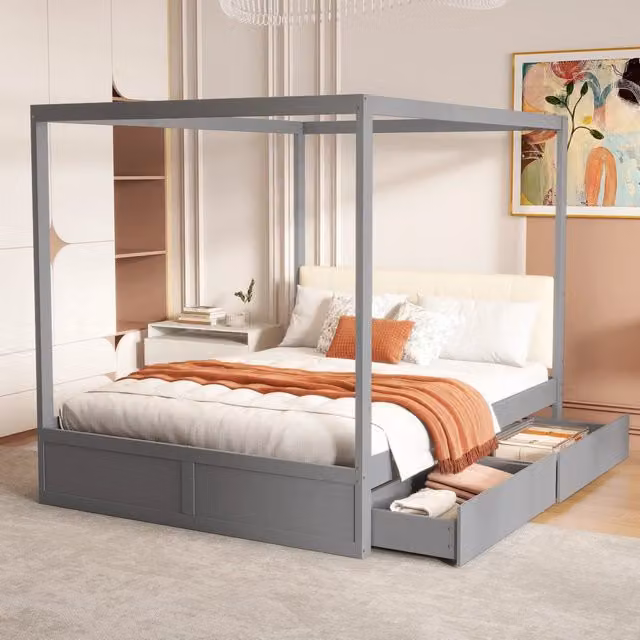 Letto a Baldacchino con Cassetti e Testiera Imbottita ¨C MINIMAL ¨C Grigio 140x200