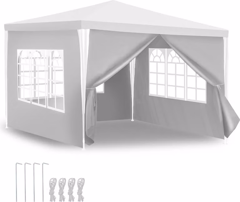 Gazebo da giardino Izrielar 3 x 3 m con 4 pannelli laterali, tenda portatile impermeabile con tubi a spirale, bianco