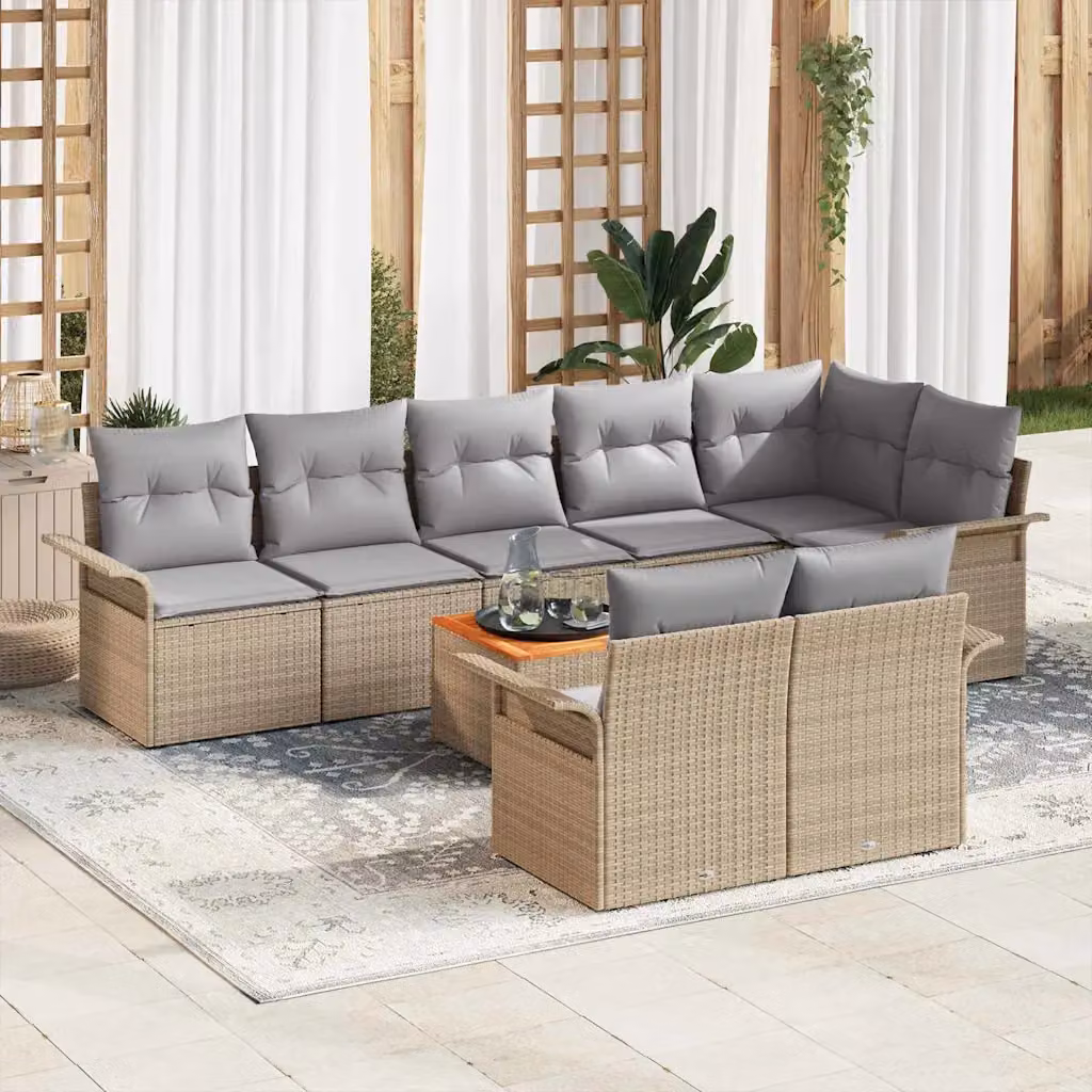 Set Divano da Giardino vidaXL 9 Pezzi a Forma di L con Tavolino, Colore Beige, Struttura in Acciaio e Polyrattan con Cuscini Inclusi