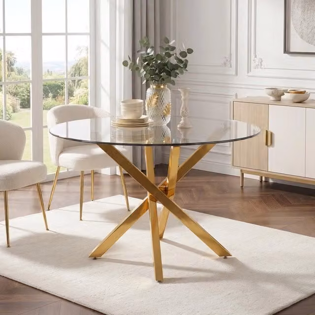 Tavolo rotondo Minimal in vetro temperato trasparente con gambe in metallo oro, stile moderno, L: 80 cm, P: 80 cm, H: 75 cm – 1