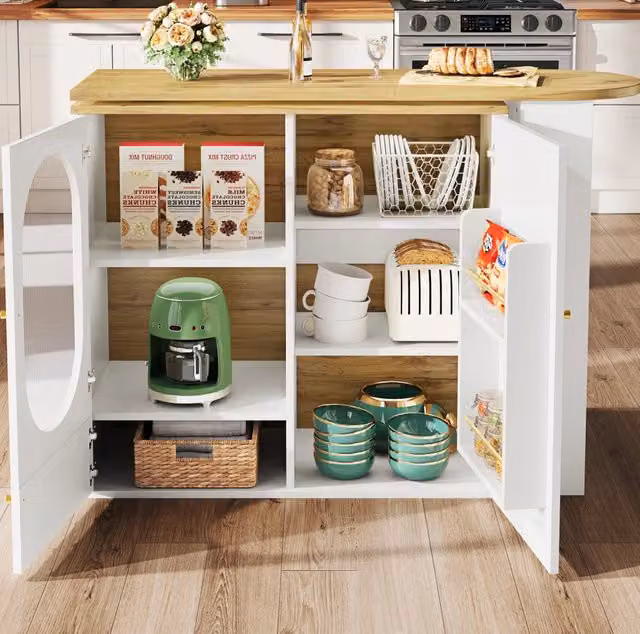 Isola cucina 138x39x105 cm girevole 360° con ampio spazio in MDF e metallo bianco
