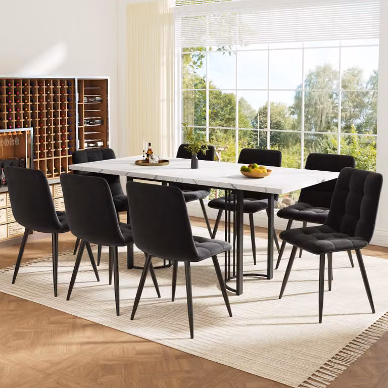 Set da pranzo Sweiko (9 pezzi), set da pranzo allungabile per 8 persone, tavolo da pranzo 140×80 con 8 sedie da pranzo, tavolo da pranzo rettangolare con struttura in metallo, sedie da pranzo in velluto nero, set da sala da pranzo