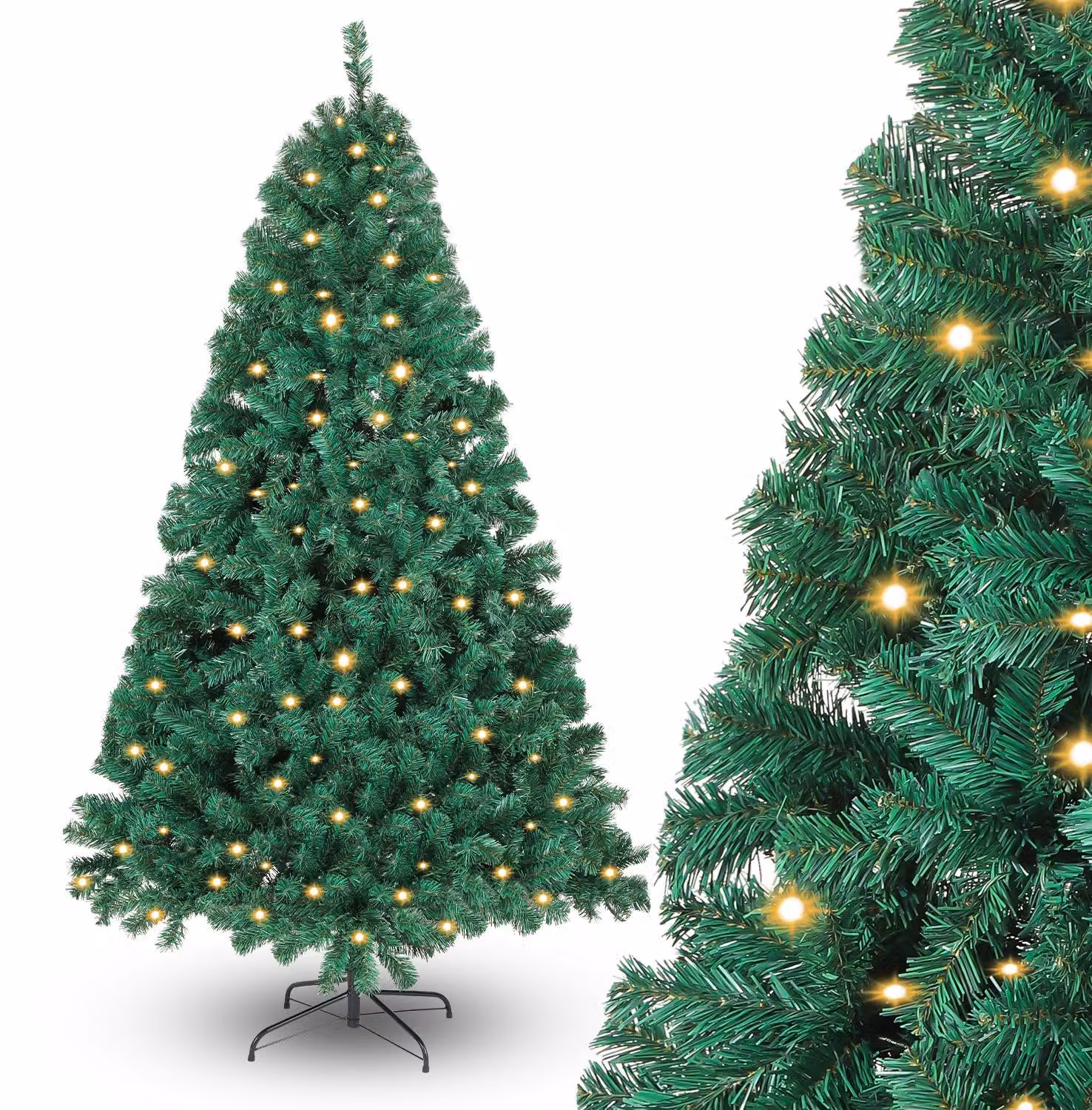 Albero di Natale Ikodm, altezza 210 cm, con illuminazione a LED, 400 luci bianche calde, 1200 punte, albero di abete artificiale con base in metallo