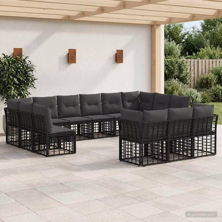 Set di divano da esterno a forma di U vidaXL con struttura in acciaio e cuscini in poliestere nero e grigio