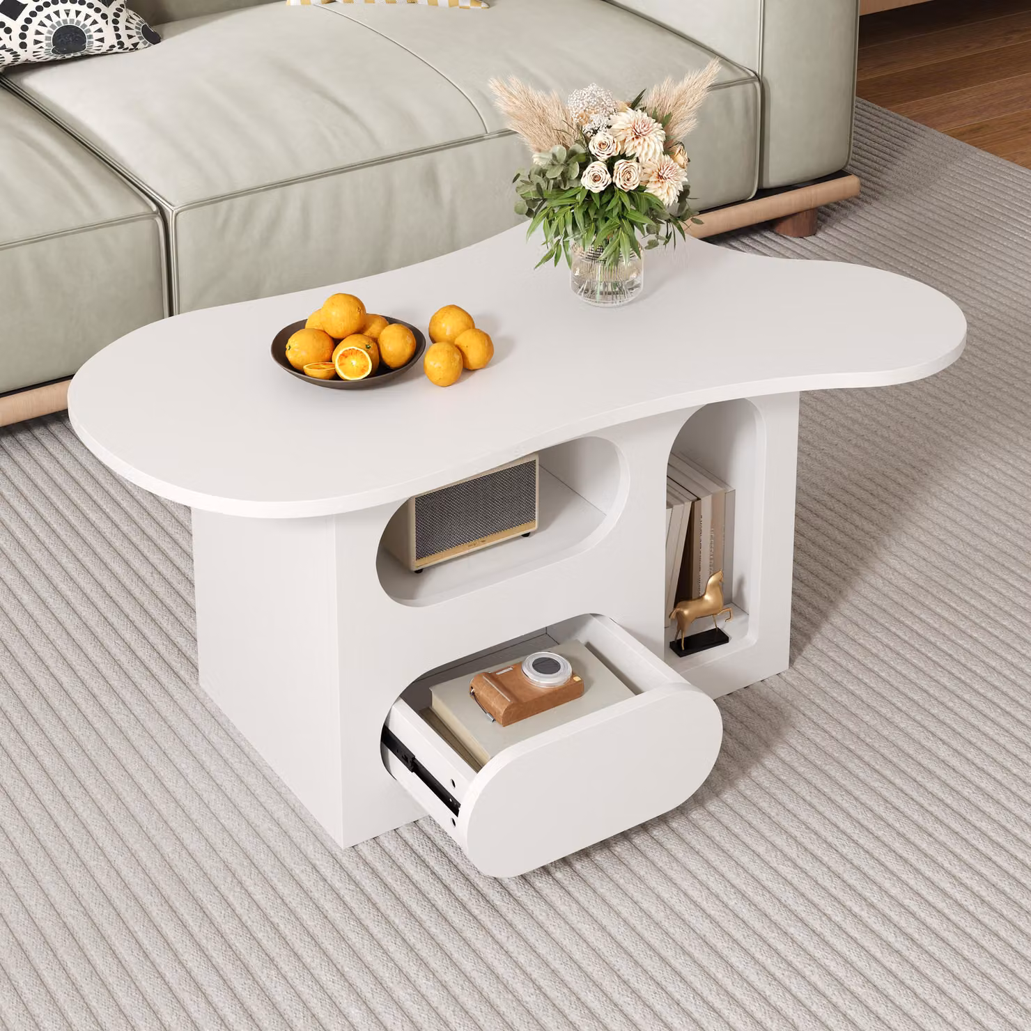 Tavolino Merax a forma di nuvola 97x45x43,5 cm, tavolino da divano con cassetti e ripiani aperti, tavolino bianco per soggiorno, design moderno