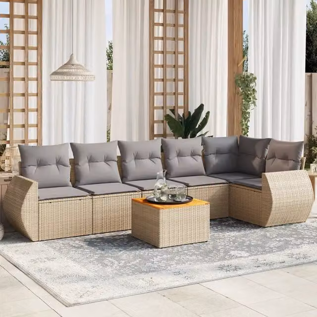 vidaXL Set Divani da Giardino 7 pz in Polyrattan con Cuscini Beige e Grigio per Terrazza e Giardino