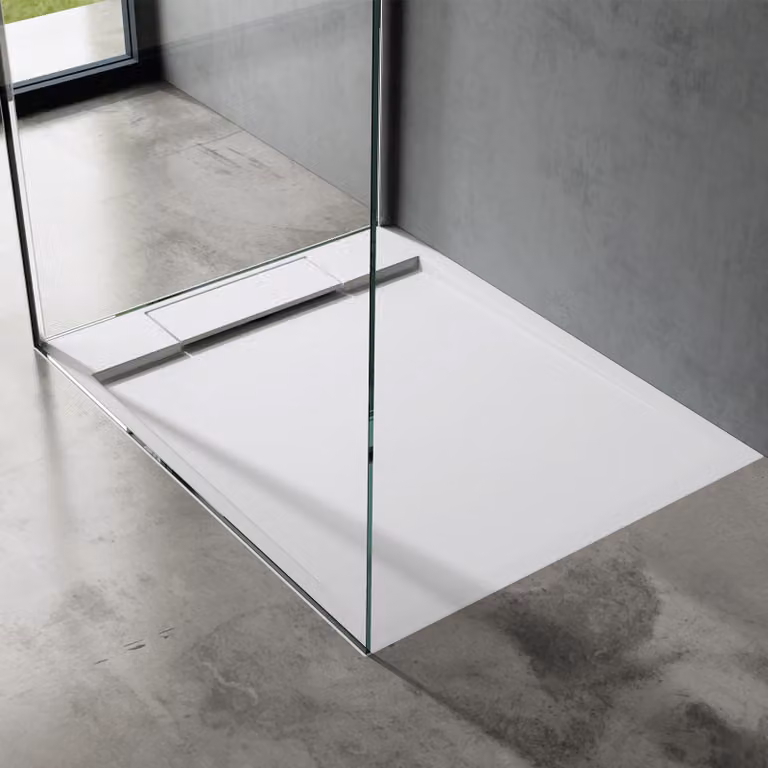 doporro Piatto Doccia Rettangolare in Marmoresina Effetto Pietra, Spessore 4 cm, Installazione Versatile, Scarico Laterale con Cover e Piletta(AL06), 80x90 cm, Bianco - Geoma04