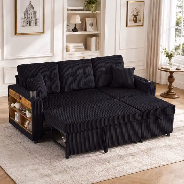 Divano convertibile 196 x 82 - 144 x 85 cm; scatola portaoggetti; USB-C; illuminazione d'atmosfera; portabicchieri; velluto a coste; nero