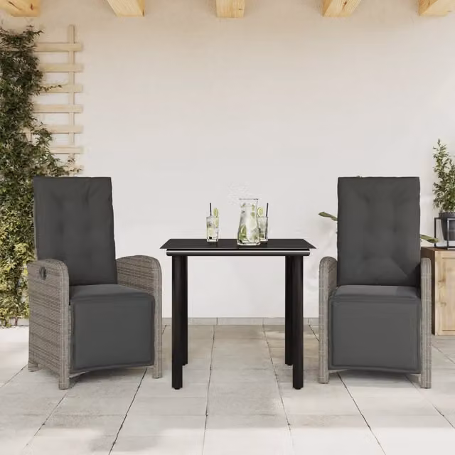 Set da Bistrò vidaXL in Polyrattan Grigio e Nero con Piano in Vetro e 3 Cuscini – 1