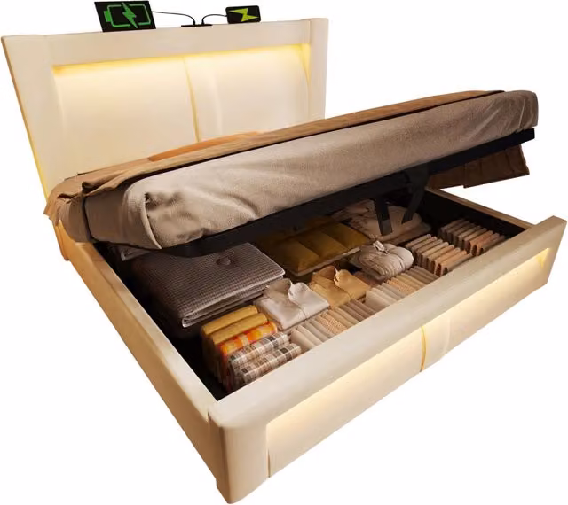 Letto matrimoniale 140x200 cm con contenitore; LED e prese USB; velluto beige