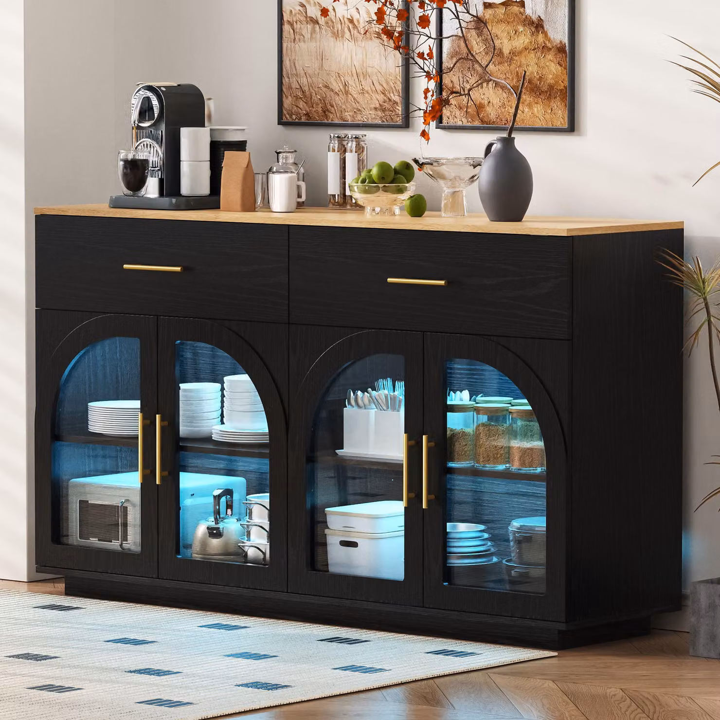 Mobiletto contenitore per cucina Merax con striscia LED, armadietto da cucina con 2 cassetti e 4 ante, piano di lavoro, ripiani interni, mobiletto buffet, colore nero e finitura effetto legno