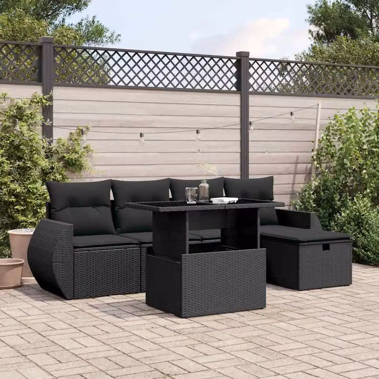 Set Divano da Giardino vidaXL 6 pz a L con Cuscini Nero in Polyrattan e Acciaio