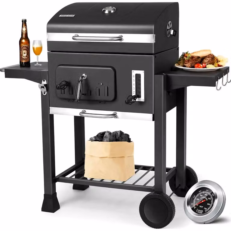 Griglia a carbone - Carrello per barbecue XXL - Con coperchio - Termometro - Affumicatore con 2 ruote - 2 ripiani per campeggio e giardino - Nero