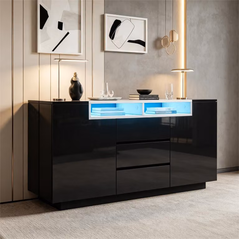 Mobile bar con finitura lucida e illuminazione a LED, mobiletto contenitore con 3 cassetti e 2 ante a forma di L, armadio per il soggiorno con ripiani interni regolabili, colore nero