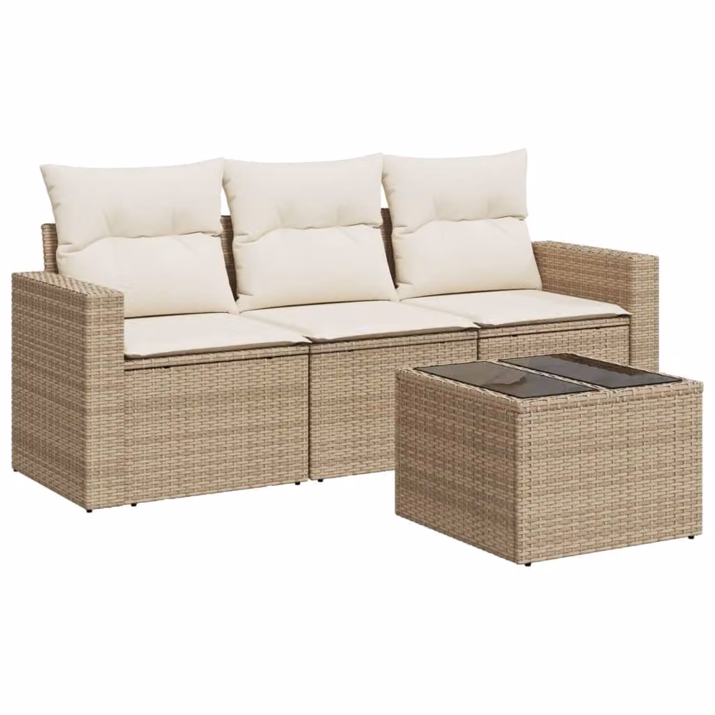 Set Divano da Giardino 4 pz con Cuscini Beige in Polyrattan