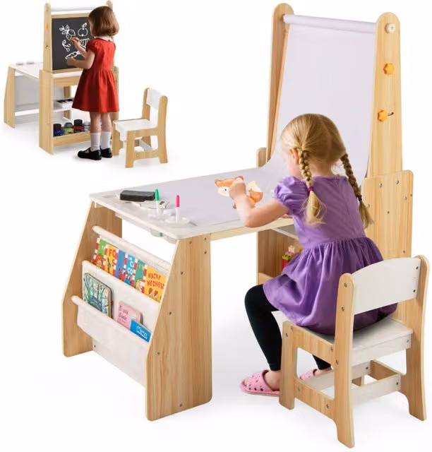 Tavolo da attivit¨¤ multifunzionale con lavagna e sedia lavagna bianca, Set tavolo e sedia per bambini 2 ripiani rotolo di carta Naturale