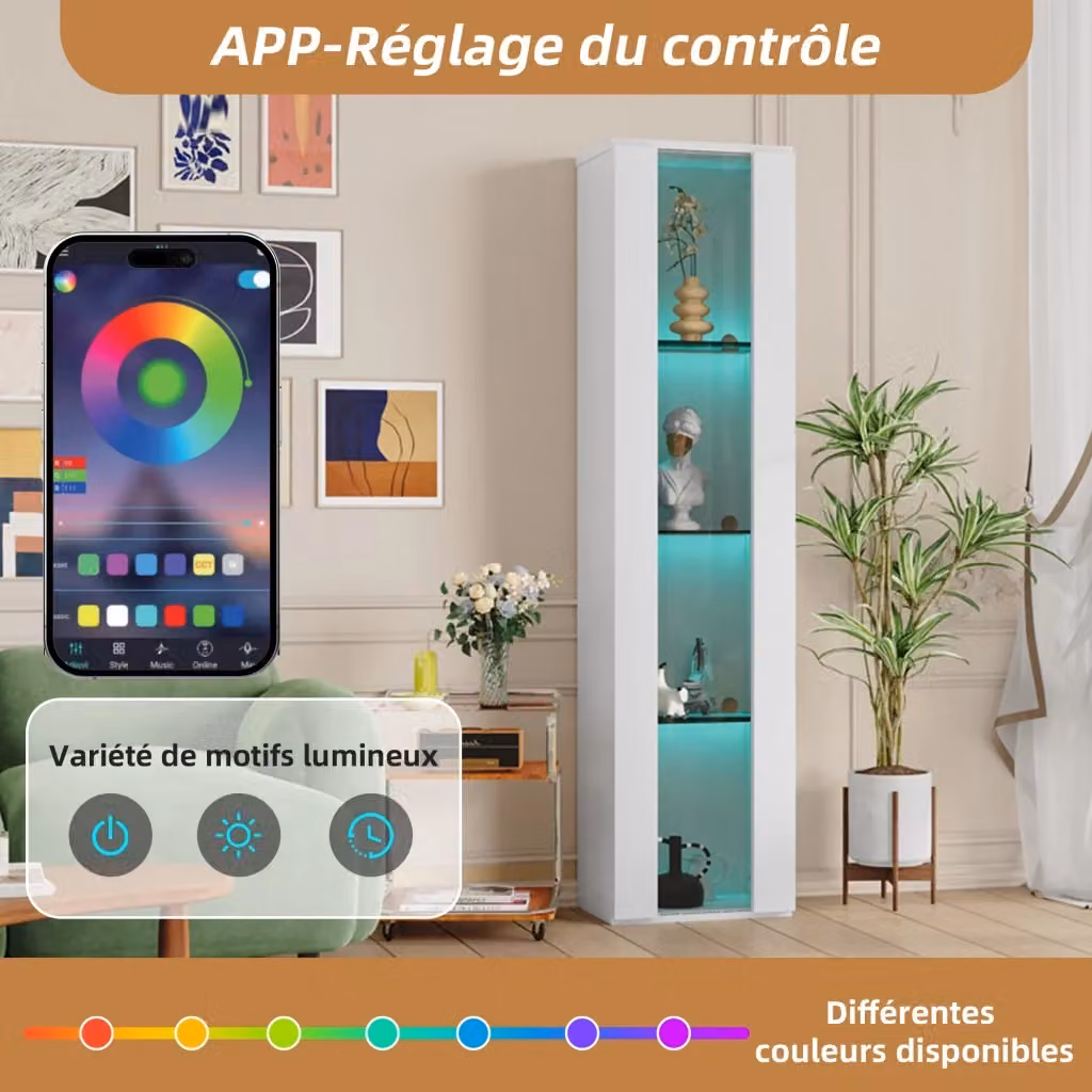 Vetrina OKWISH bianca con ante in vetro, 4 ripiani interni e illuminazione LED multicolore controllabile tramite app, L/P/H: 40 x 29 x 170 cm – 2