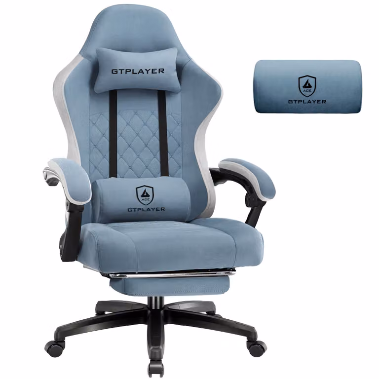 Sedia da gaming GTPLAYER, rivestita in tessuto, con imbottitura a molle, sedia girevole ergonomica, sedia da gaming con poggiapiedi, capacità di carico fino a 150 kg, colore azzurro chiaro