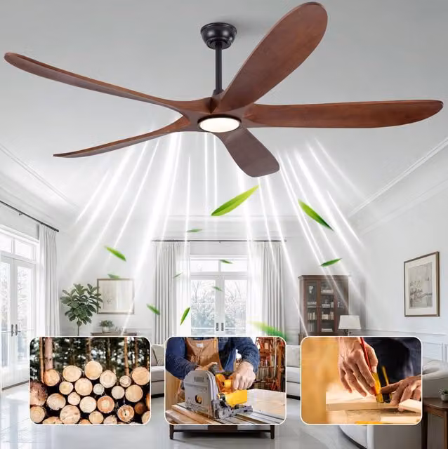 Ventilatore da soffitto con luce LED; 5 pale in legno massello; 6 velocità; noce e nero
