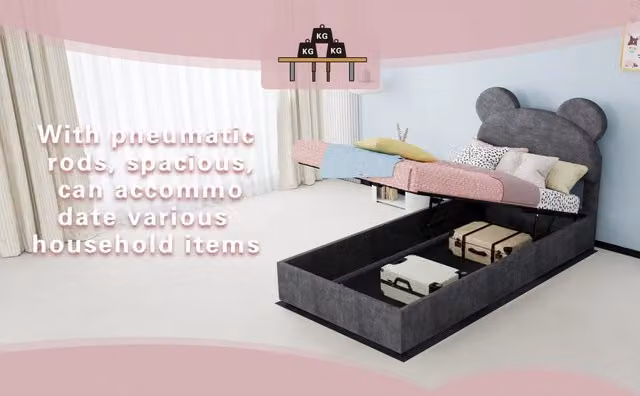 Letto imbottito con contenitore a sollevamento pneumatico 90×200 cm, testiera sagomata a cartone animato, grigio, senza materasso