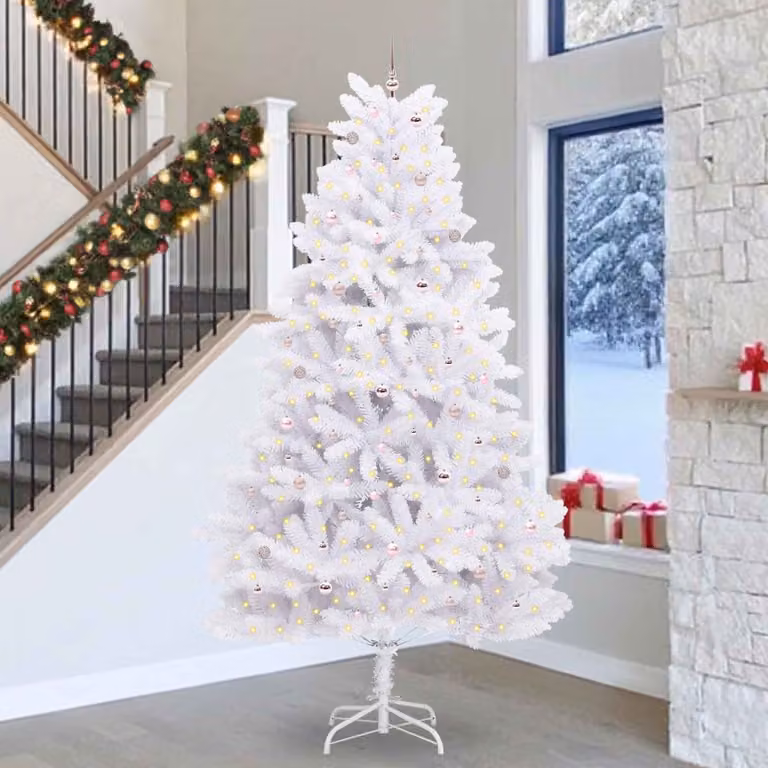 Albero di Natale Artificiale Moderno vidaXL Bianco con Rami Pieghevoli e Luci LED RGB
