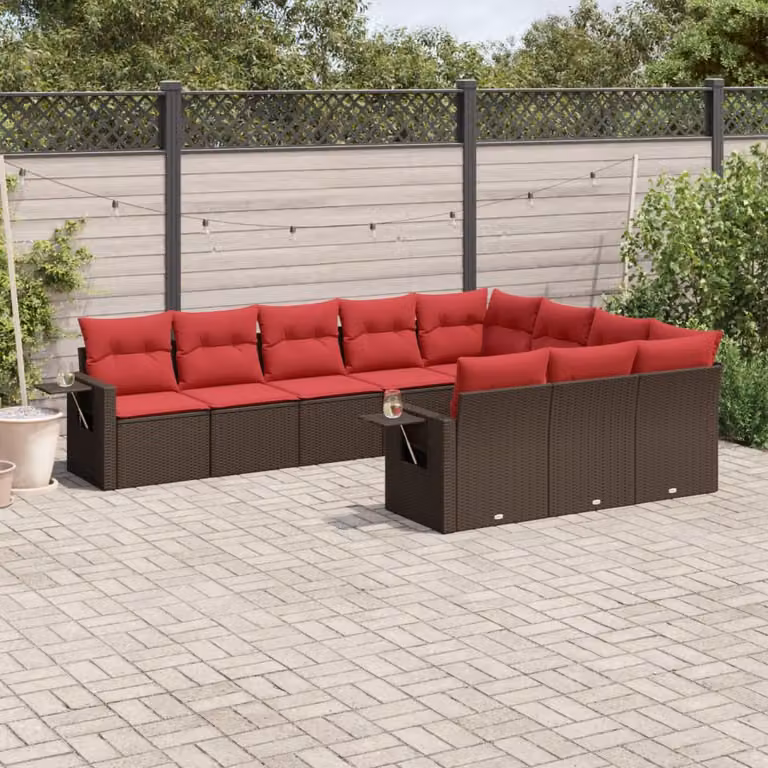 Set di divani da giardino vidaXL in polyrattan marrone con cuscini e struttura in metallo a forma di L