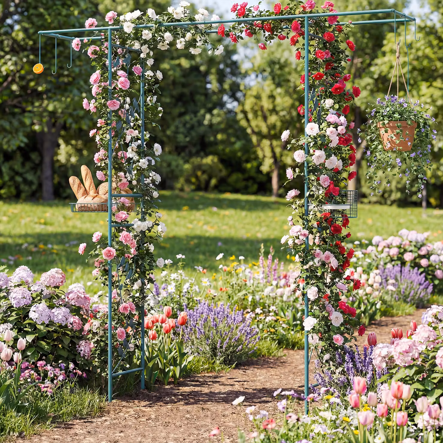 Pergolato a arco Costway con ciotola d'acqua e vassoio a rete, stazione di alimentazione per uccelli da giardino Verde
