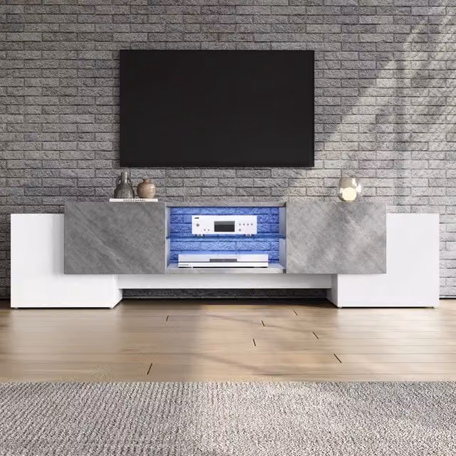 Mobile TV moderno per soggiorno con 4 ante, 3 vani, illuminazione LED integrata e ripiani in vetro, in MDF, bianco e grigio, L/P/H: 180 x 40 x 46.5 cm