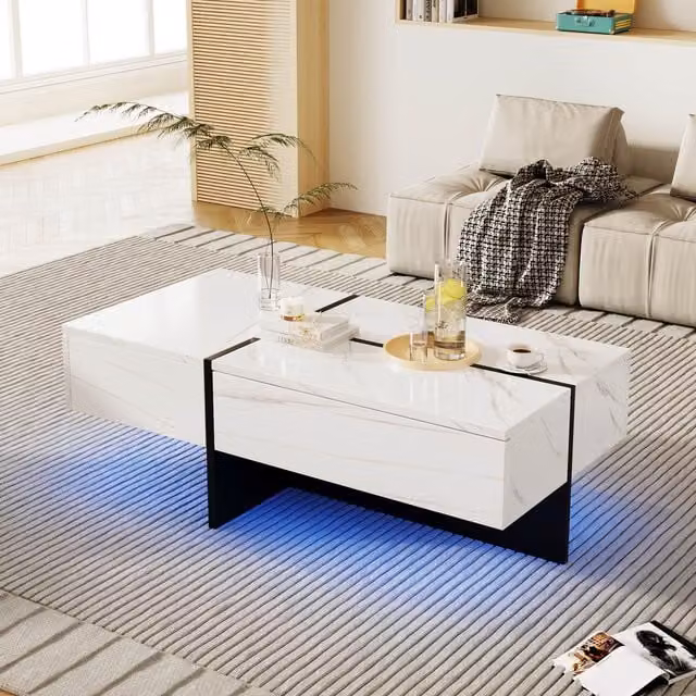 Tavolino da salotto moderno Aosom con illuminazione LED, design in marmo sintetico bianco e nero con 3 cassetti, L 100 x P 50 x H 34.5 cm – 1