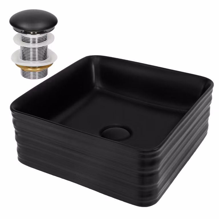 LuxeBath Lavabo Lavabo da appoggio Square, 39x39x15 cm, nero, Vetroceramica, incl. set di scarico senza troppopieno