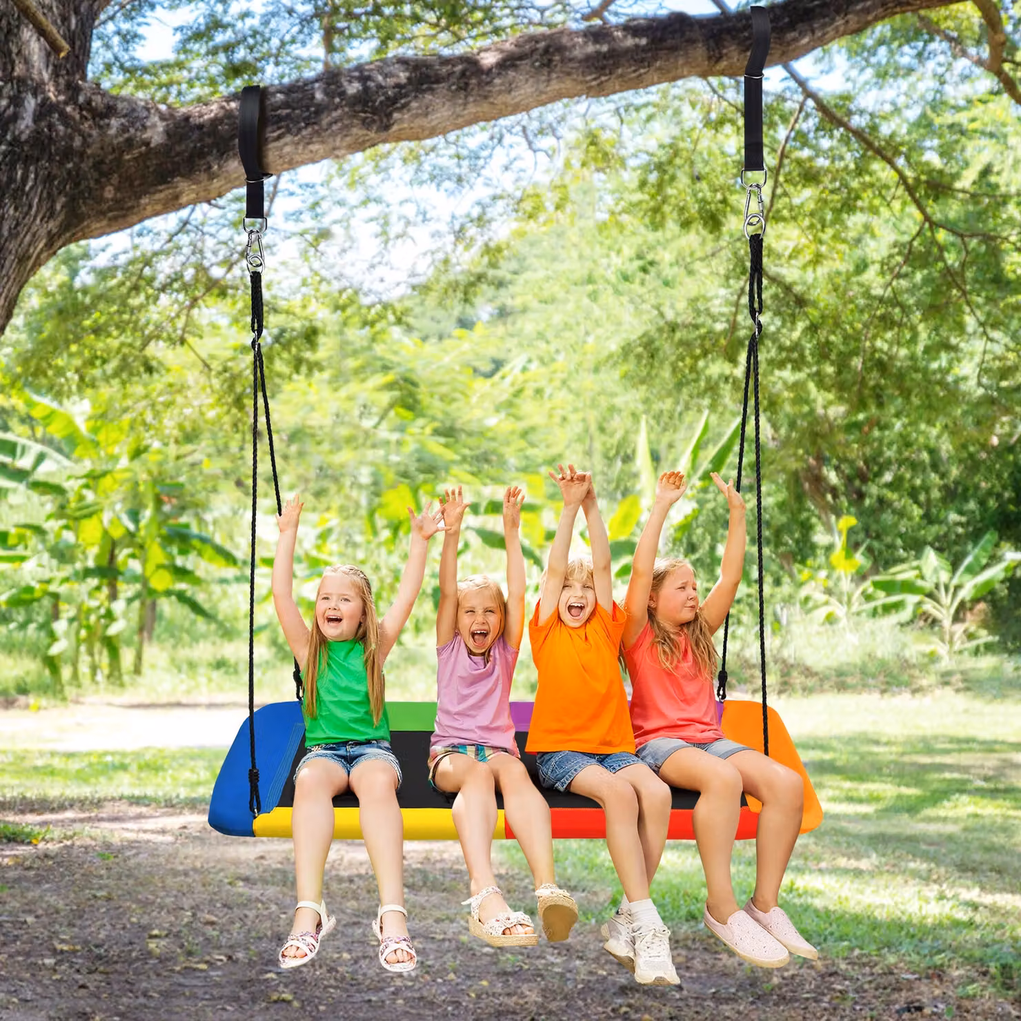 Altalena rettangolare per bambini Costway con struttura in acciaio e corde regolabili, multicolore