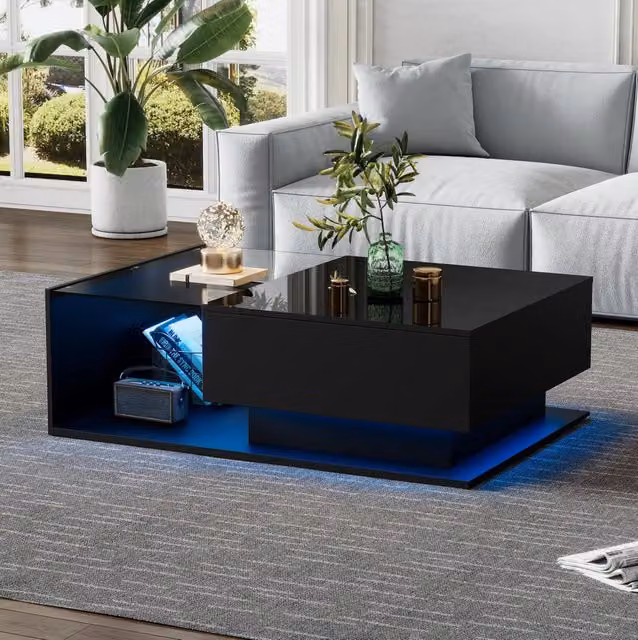 Tavolino da salotto ULEVR 100x50x32 cm nero lucido con piano in vetro, 1 cassetto e illuminazione LED