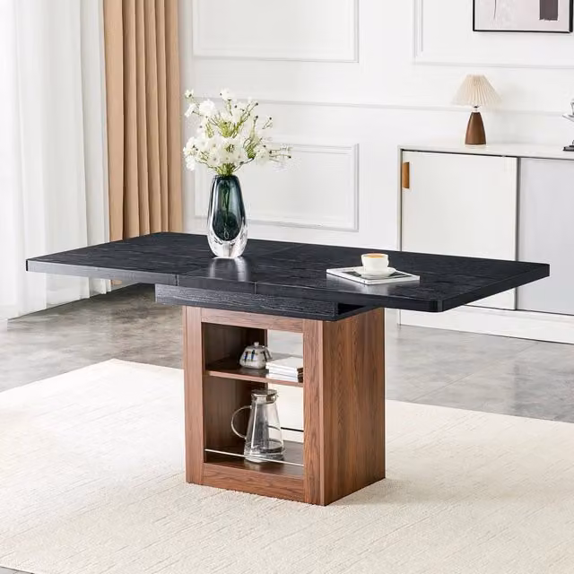Tavolo da pranzo allungabile in MDF nero effetto legno, 130-160 x 80 cm, struttura color noce e ripiano