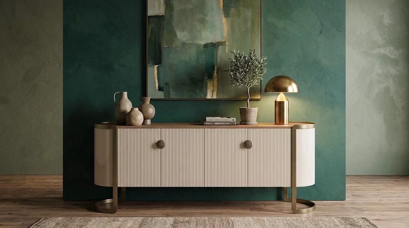 Credenza beige con piedi dorati e ampio spazio di stoccaggio, dal design lussuoso