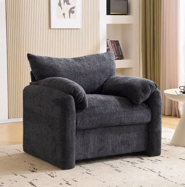 Poltrona ULEVR in ciniglia grigia 96x82x84 cm, seduta ampia con braccioli imbottiti e molle insacchettate