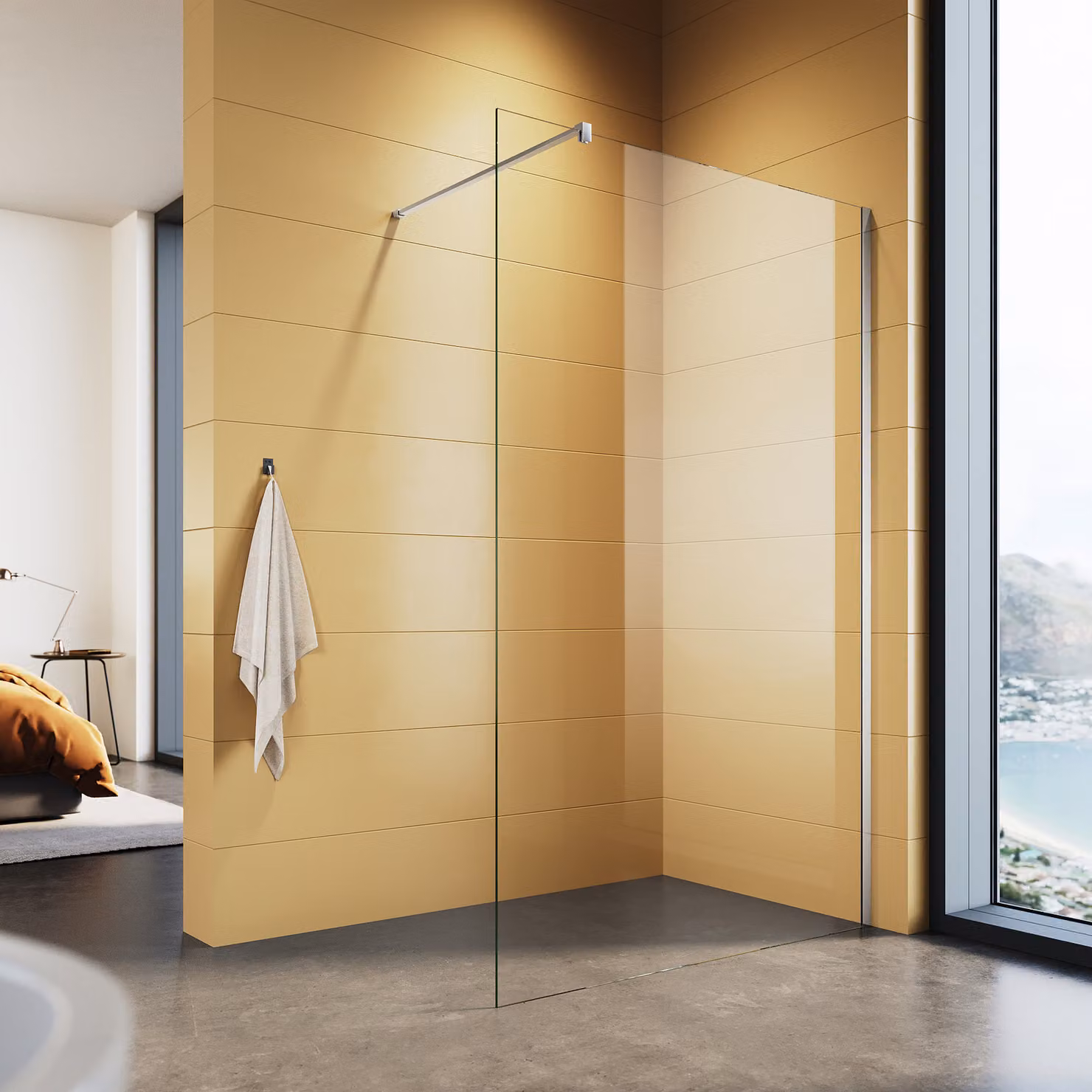 SONNI Schermo doccia walk in con maniglione 110x200cm, vetro di sicurezza temperato da 8 mm, con nano rivestimento, con range di regolazione, schermo doccia