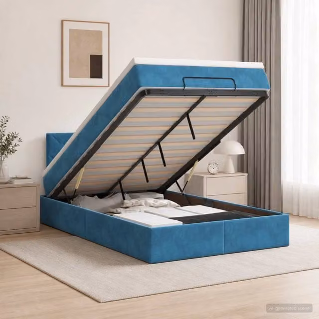 Letto ottomano con contenitore a sollevamento vidaXL in velluto blu e bianco L/P/H: 200 x 120 x 88 cm – 1