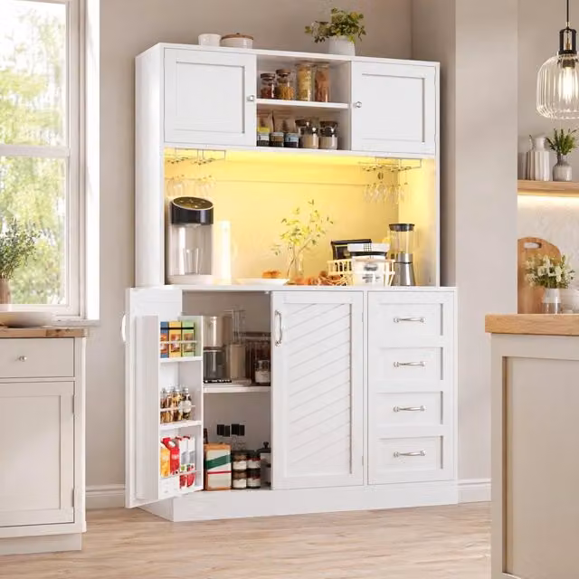 Credenza 120x40x188 cm bianca in MDF, 4 ante con LED e portabottiglie