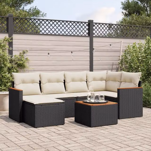Set da giardino moderno vidaXL composto da 7 pezzi con cuscini bianchi e struttura in rattan nero e metallo – 1