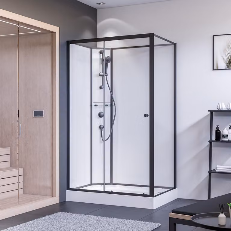 Porta scorrevole per doccia completa Breuer con pannello laterale destro nero opaco vetro trasparente