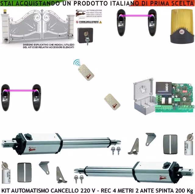 Automatismo Cancello 4 MT 2 Ante Kit 2 Motori 230 V Stelo Retrattile 2 Radiocomandi 2 Coppie Fotocellule Faro Selettore Cartello Monitore Centrale Riprogrammabile Luce di Cortesia Comando Pedonale