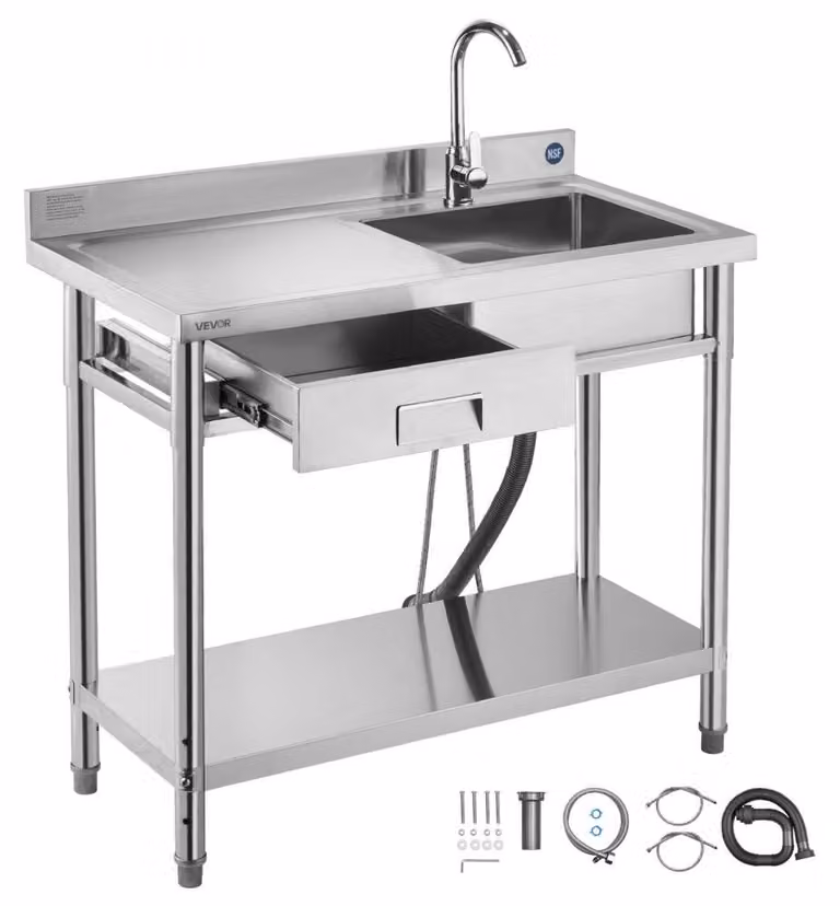 Lavello da cucina a una vasca - Acciaio inossidabile, dimensioni 100x50x94 cm - Con rubinetto e cassetto