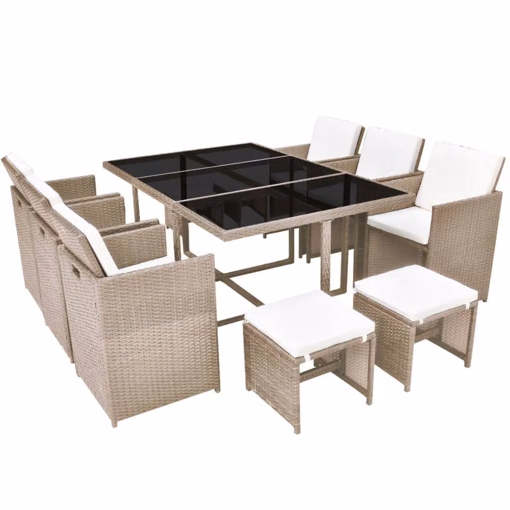 Set da Pranzo da Giardino 11 pz con Cuscini in Polyrattan Beige