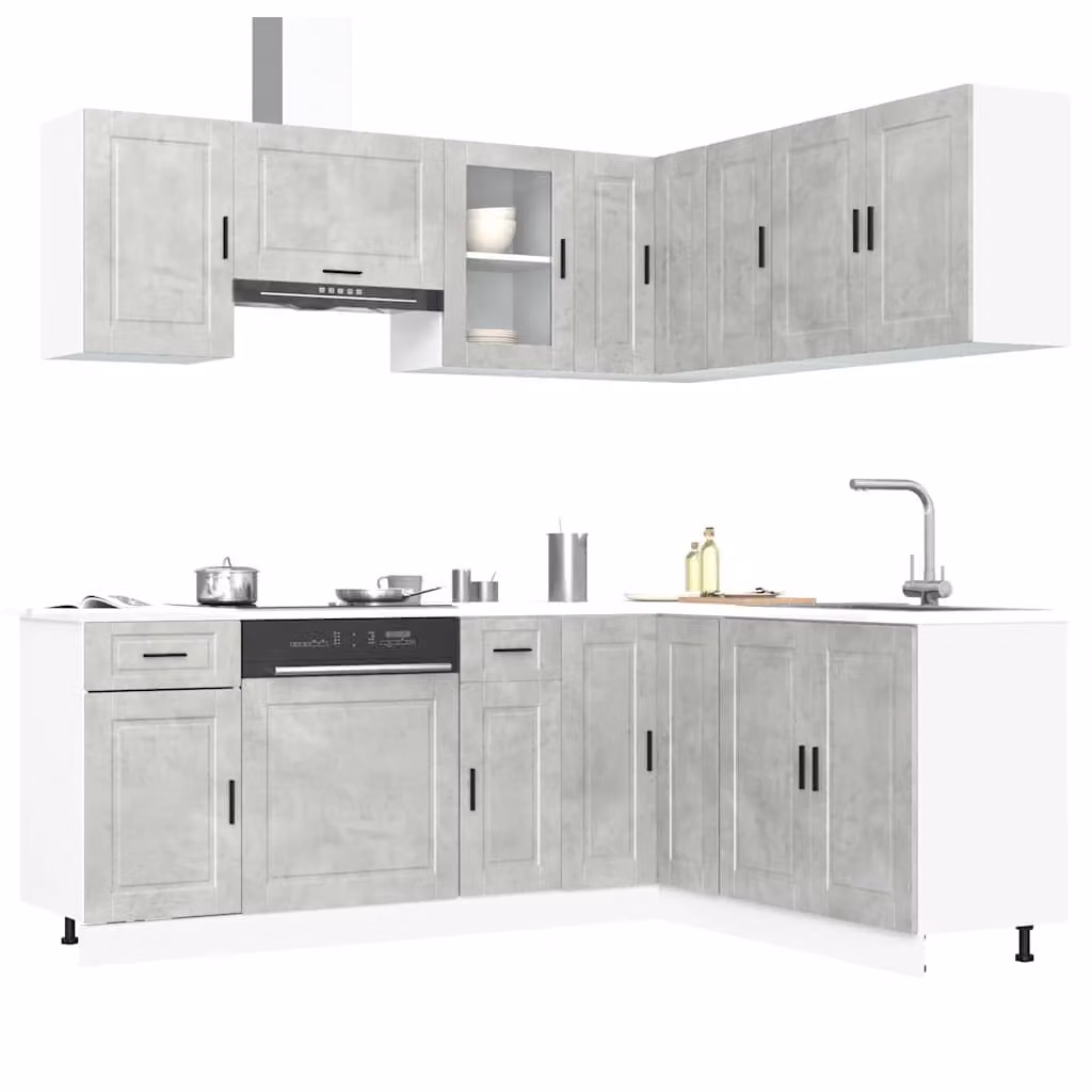 Set di mobili da cucina moderno vidaXL composto da 11 pezzi in colore grigio con finitura opaca e dettagli in vetro e legno