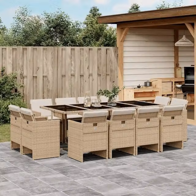 Set da pranzo da giardino vidaXL in polyrattan con cuscini beige e tavolo in vetro da 13 pezzi – 1