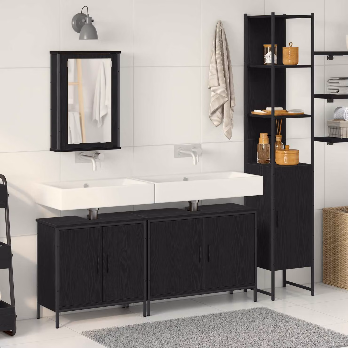 Set di mobili per il bagno vidaXL 4 pezzi in MDF nero opaco con mobile sottolavabo, pensile e armadietto con specchio