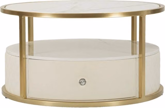 Tavolino da caffè Sharon Charme1921 bianco e oro con piano in vetro e struttura in metallo, Diametro: 75 cm, Altezza: 40 cm