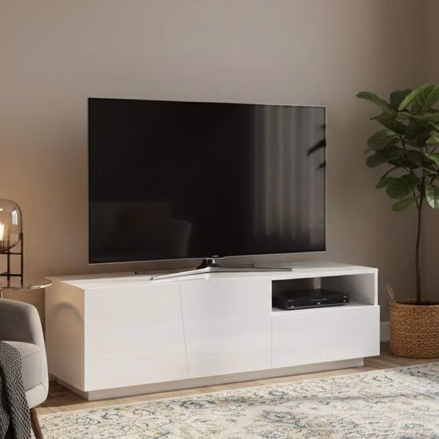 Mobile da soggiorno Porta Aiace, Made in Italy, Credenza per Aiace da salotto a 2 ante e 1 cassetto, cm 150x43h46, Bianco lucido