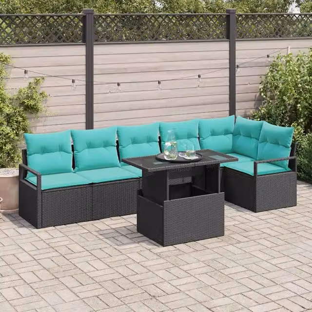 Set Divano da Giardino 7 pz 6-Numero di posti Nero e Blu 3348842