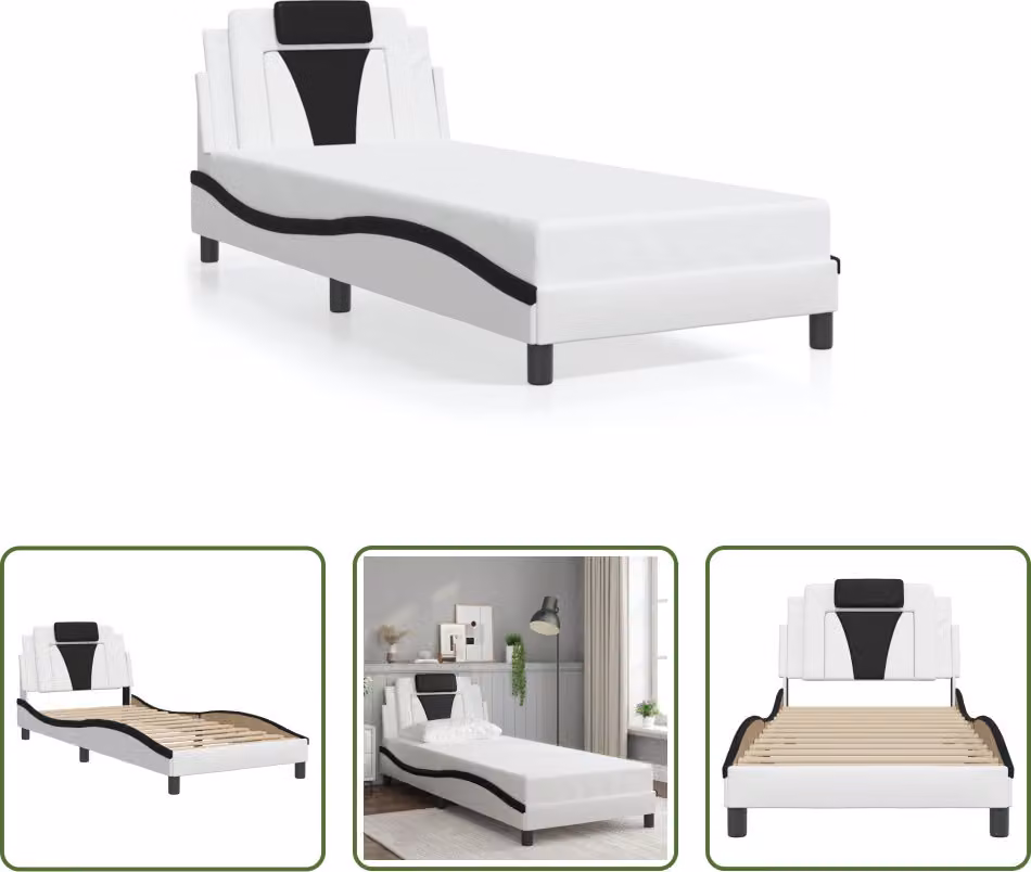 The Living Store Struttura letto con testiera bianca e nera 90x190 cm in ecopelle